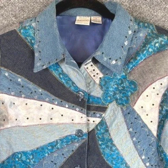 Patchwork Denim 100% Cotton Jacket Sz M Art to Wear Shabby Chic Hippie Bohemian - Picture 1 of 16